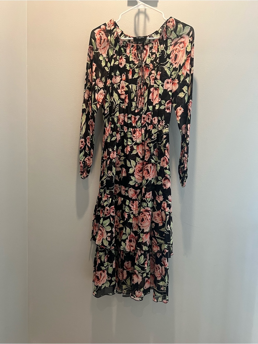 The Kooples Black Floral Tiered Long Sleeve Dress with Pink Roses